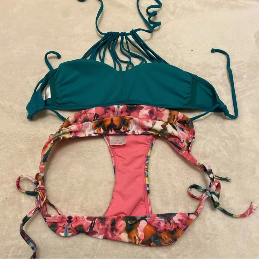 Xhilaration Teal Strappy Bikini with Floral Bottoms
